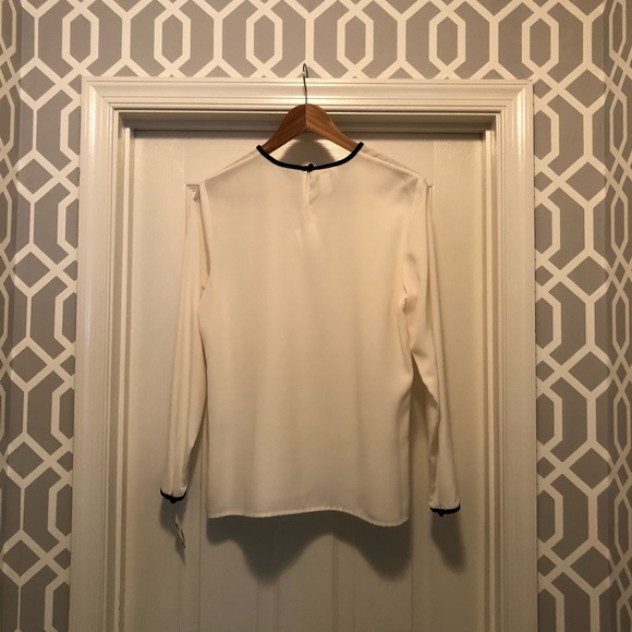 Talbots white flowy blouse with black velvet trim - Picture 2 of 4